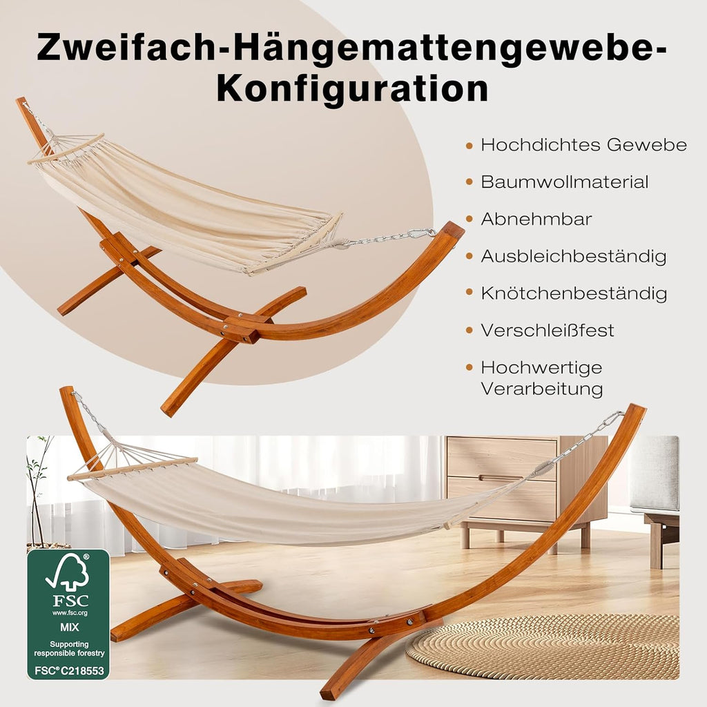 Hamaca con soporte, incluye 2 hamacas, capacidad de carga de 200 kg, dimensiones: 320x120x120 cm, estructura arqueada estable de madera de pino macizo, para jardín, terraza y balcón