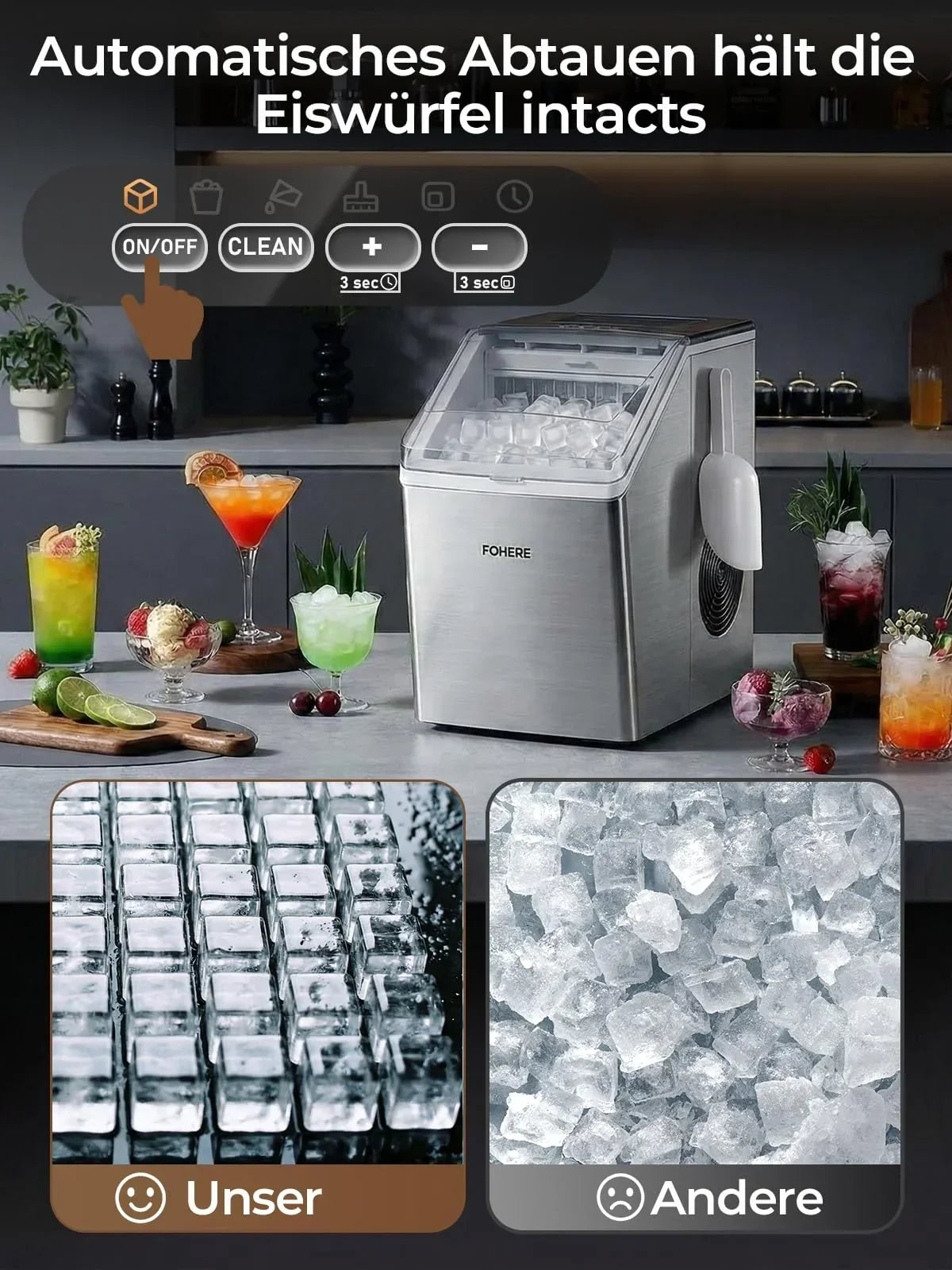 FOHERE Máquina de hielo de acero inoxidable 24 kg/24h, 24 cubitos en 10 min, 3,2 L, doble entrada de agua, 40 dB, temporizador, autolimpieza, descongelación