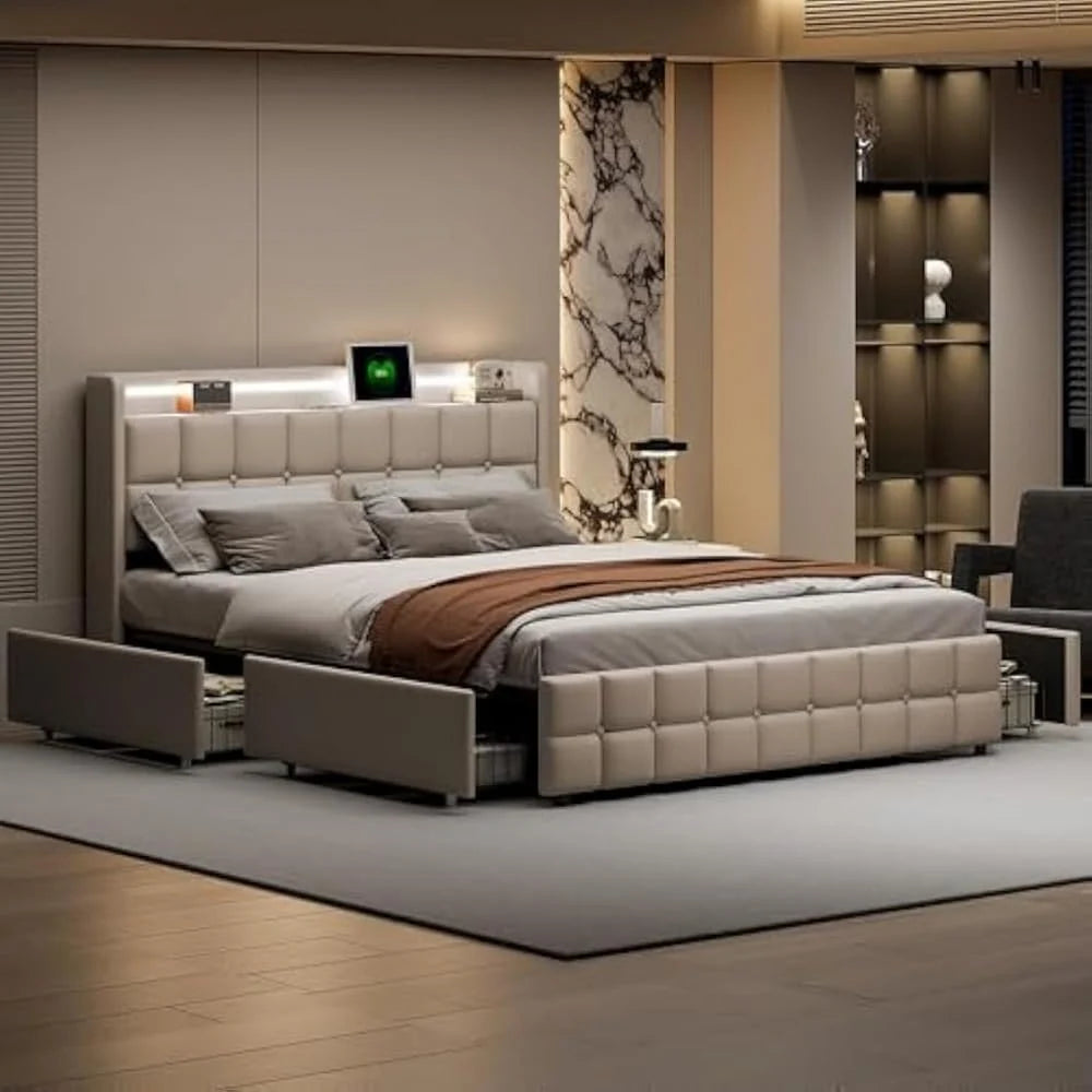 Ycz Łóżko tapicerowane, 180 x 200 cm, rama łóżka king size z funkcją ładowania zagłówkiem USB i oświetleniem LED oraz 4 szufladami, podwójna rama łóżka z możliwością przechowywania tWrV