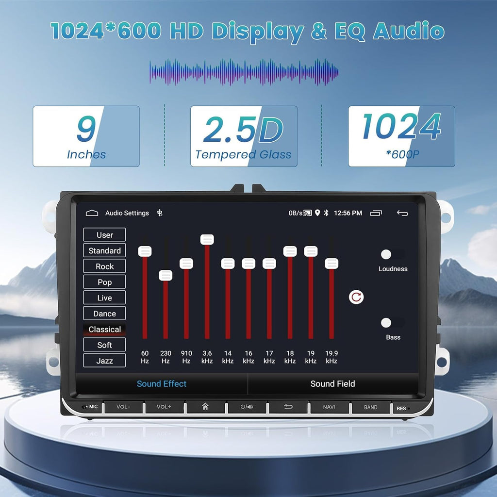 Ohradio 2G+64G 9" Android 15 Autorradio para VW Golf Polo Touran Caddy Passat Seat Estéreo con CarPlay inalámbrico Android Auto GPS FM/RDS Radio WiFi 2USB + Cámara de visión trasera + MIC - 2DIN