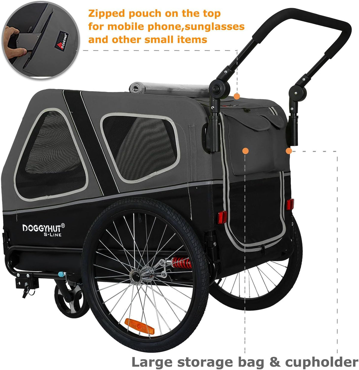 Doggyhut S-Line XL Remolque y cochecito para perros con suspensión 2 en 1, remolque de bicicleta para perros y jogger con suspensión hasta 45 kg