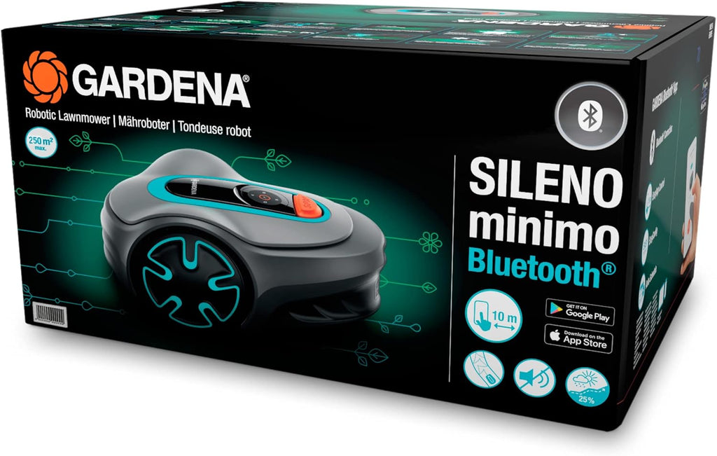 Robot cortacésped Gardena SILENO minimo 250 m²: cortacésped inteligente con conectividad óptima, programable mediante la aplicación Gardena Bluetooth, versión alemana (15201-20)