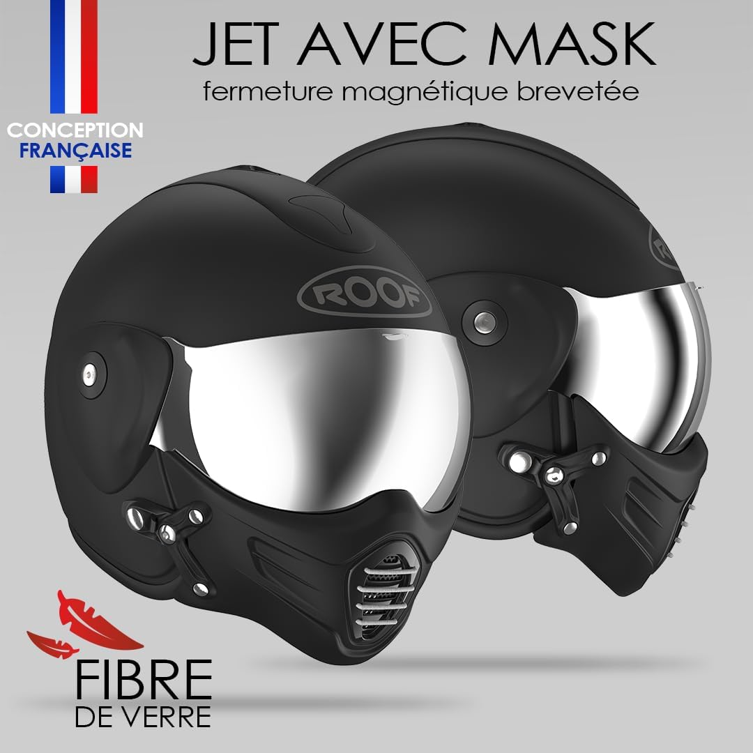 Casco de moto tipo jet de alta gama ROOF Roadster de fibra de vidrio con mentonera magnética extraíble, pantalla iridio incluida – Color Iron negro mate/plata – Oferta directa de fábrica – Garantía de 4 años
