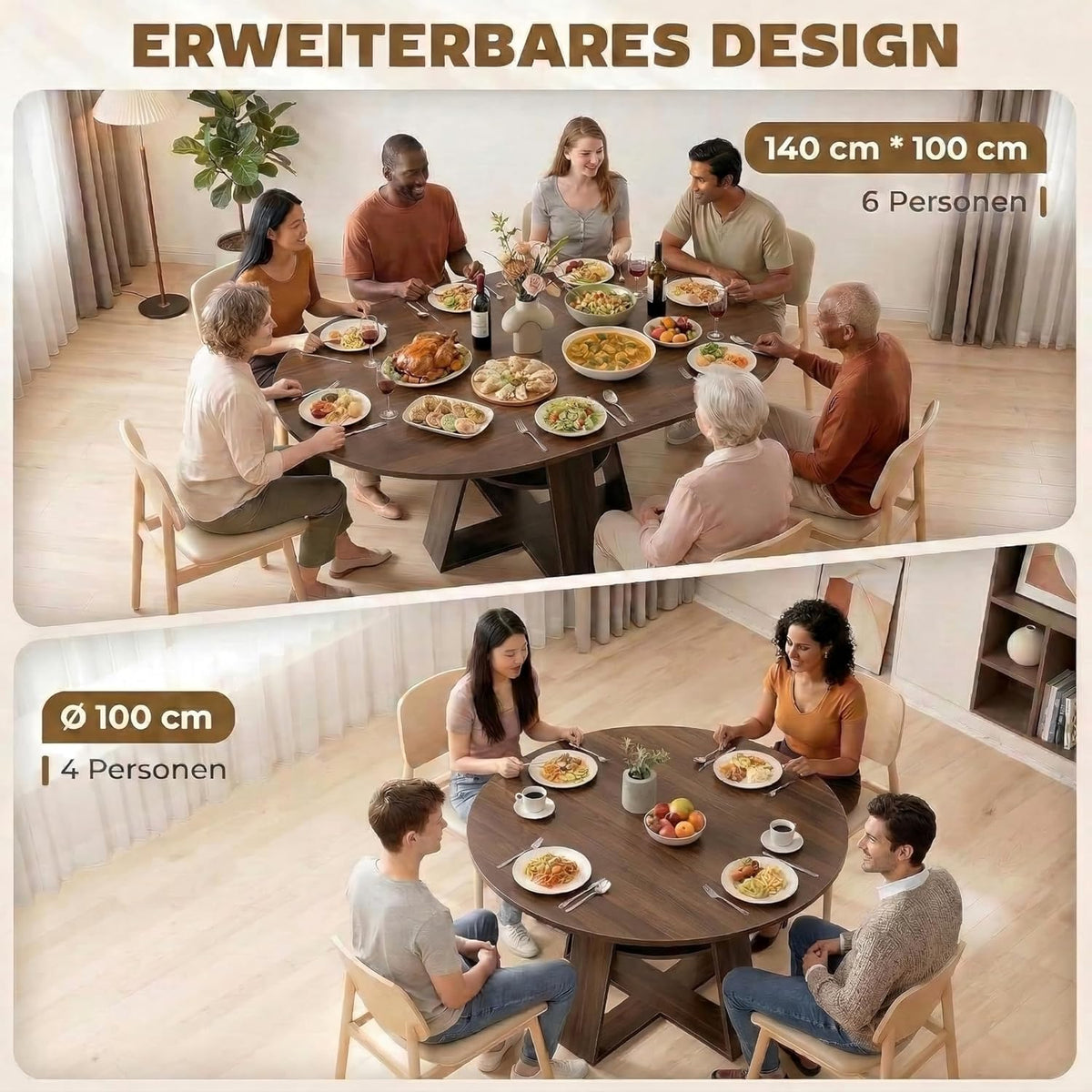 Mesa de comedor redonda extensible, mesa de comedor extensible blanca 100-140x100x75 cm, mesa extensible de comedor para 2-8 personas, mesa de cocina con tablero extraíble, estructura de madera con estante, nogal