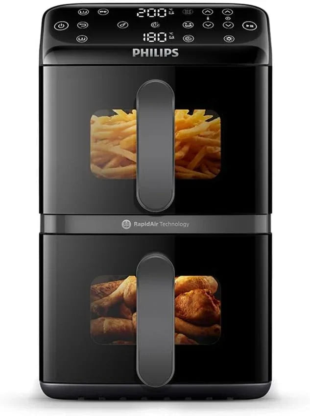 Philips Airfryer Serie 4000 de Doble Cesta Vertical 10L – Tecnología RapidAir, Sync, 2 cestas a la vez, 45% menos de espacio, revestimiento cerámico sin PFAS, ventanas de visualización (NA460/00)