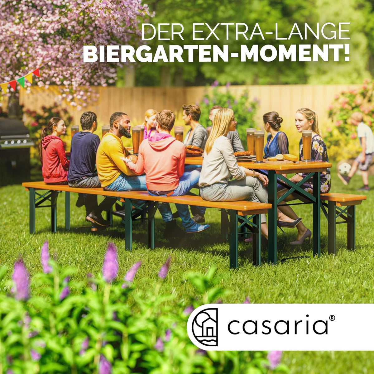 Juego de mesa y bancos plegables para cerveza Casaria, 220 cm, estable, 3 piezas: 2 bancos, 1 mesa ancha, madera, conjunto de cervecería, mobiliario para eventos y jardín.