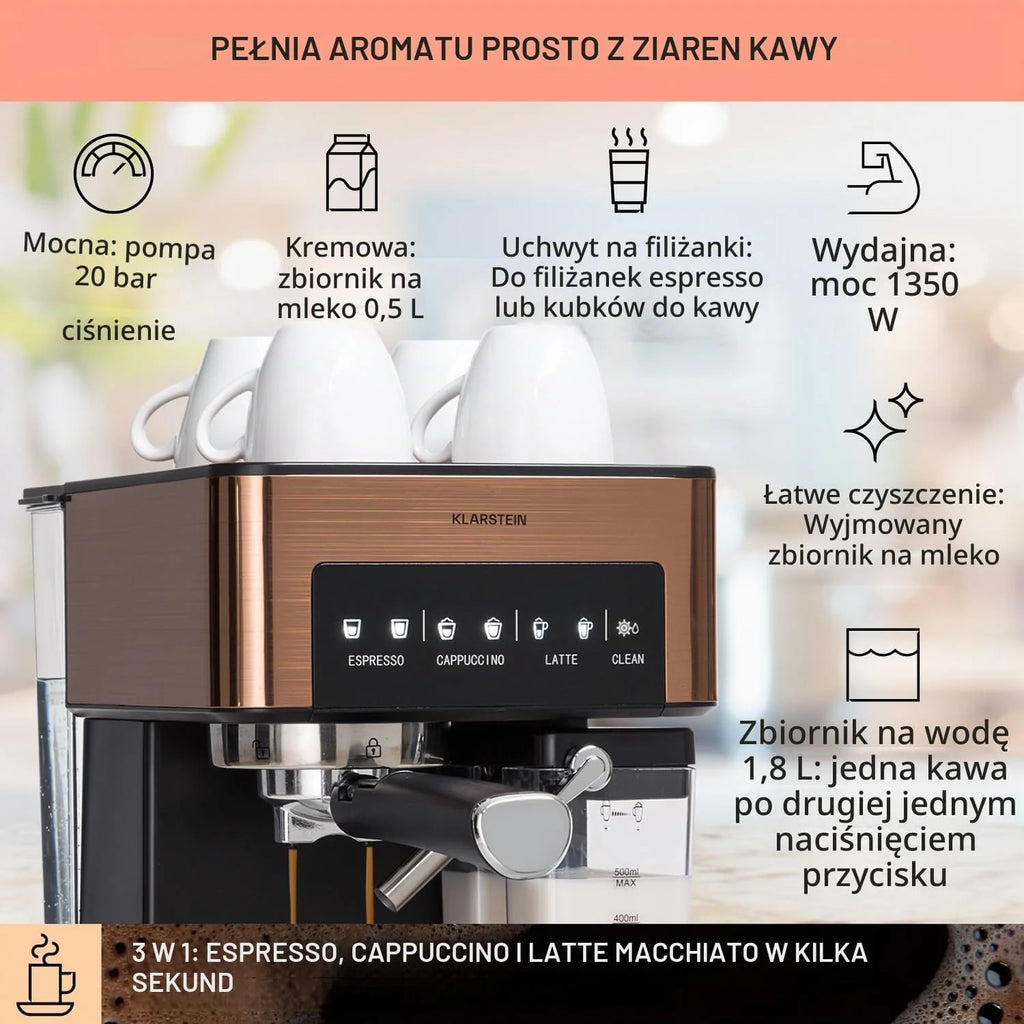 Ekspres kolbowy do espresso ze spieniaczem do mleka, Miniekspres do kawy 1,8 l z portafiltrem, Ekspres do kawy ze stali nierdzewnej z ciśnieniem 20 barów, 0,5-litrowy zbiornik na