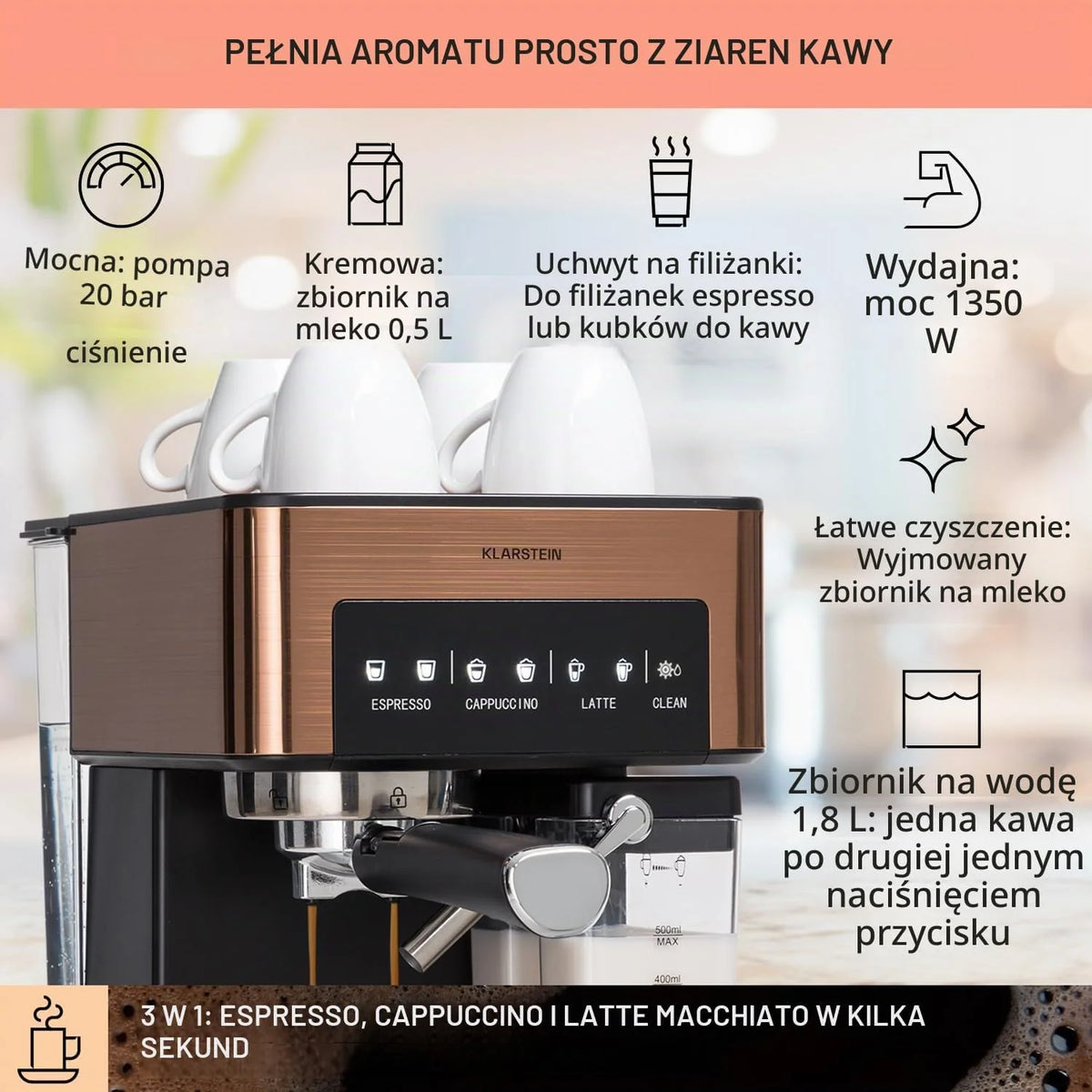 Ekspres kolbowy do espresso ze spieniaczem do mleka, Miniekspres do kawy 1,8 l z portafiltrem, Ekspres do kawy ze stali nierdzewnej z ciśnieniem 20 barów, 0,5-litrowy zbiornik na