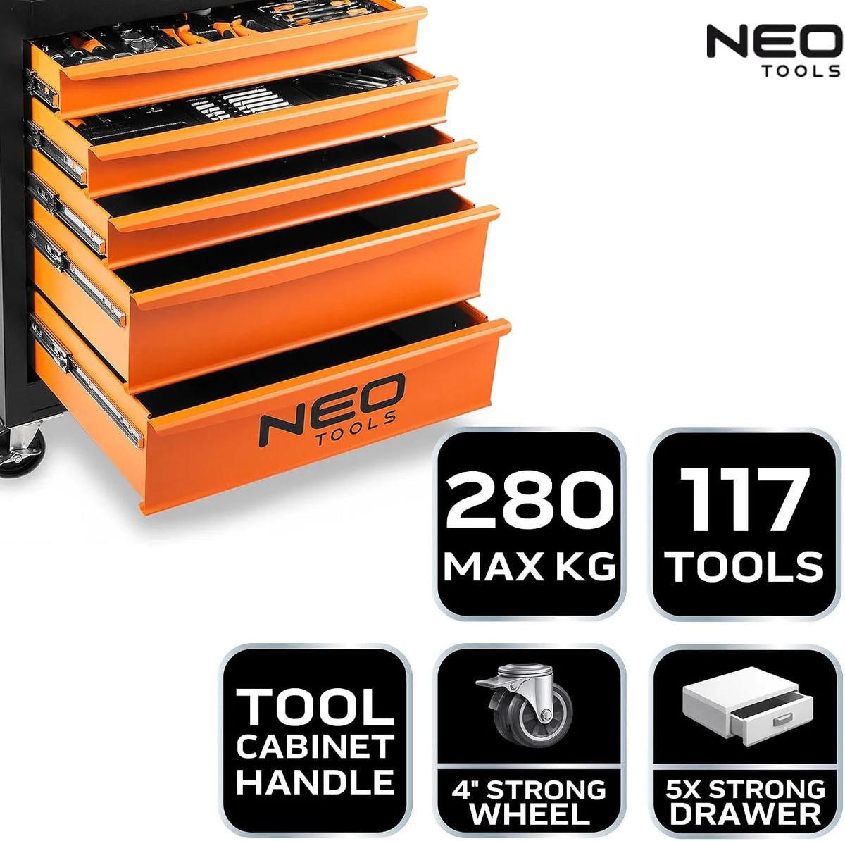 NEO TOOLS Wózek warsztatowy wypełniony narzędziami, 117-częściowy | 5 półek – szuflady z łożyskiem kulkowym – centralnie zamykany – mata antypoślizgowa – kółka obrotowe – hamulec postojowy – wózek