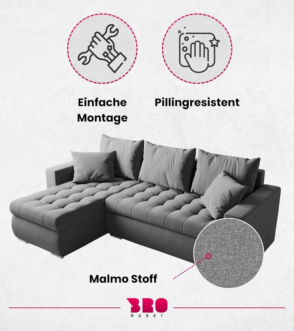 Sofá cama esquinero en forma de L BROMARKT, sofá cama con arcón, mueble de salón LUIS, sofá de 3 plazas con espacio de almacenamiento, 238x150x72 gris claro