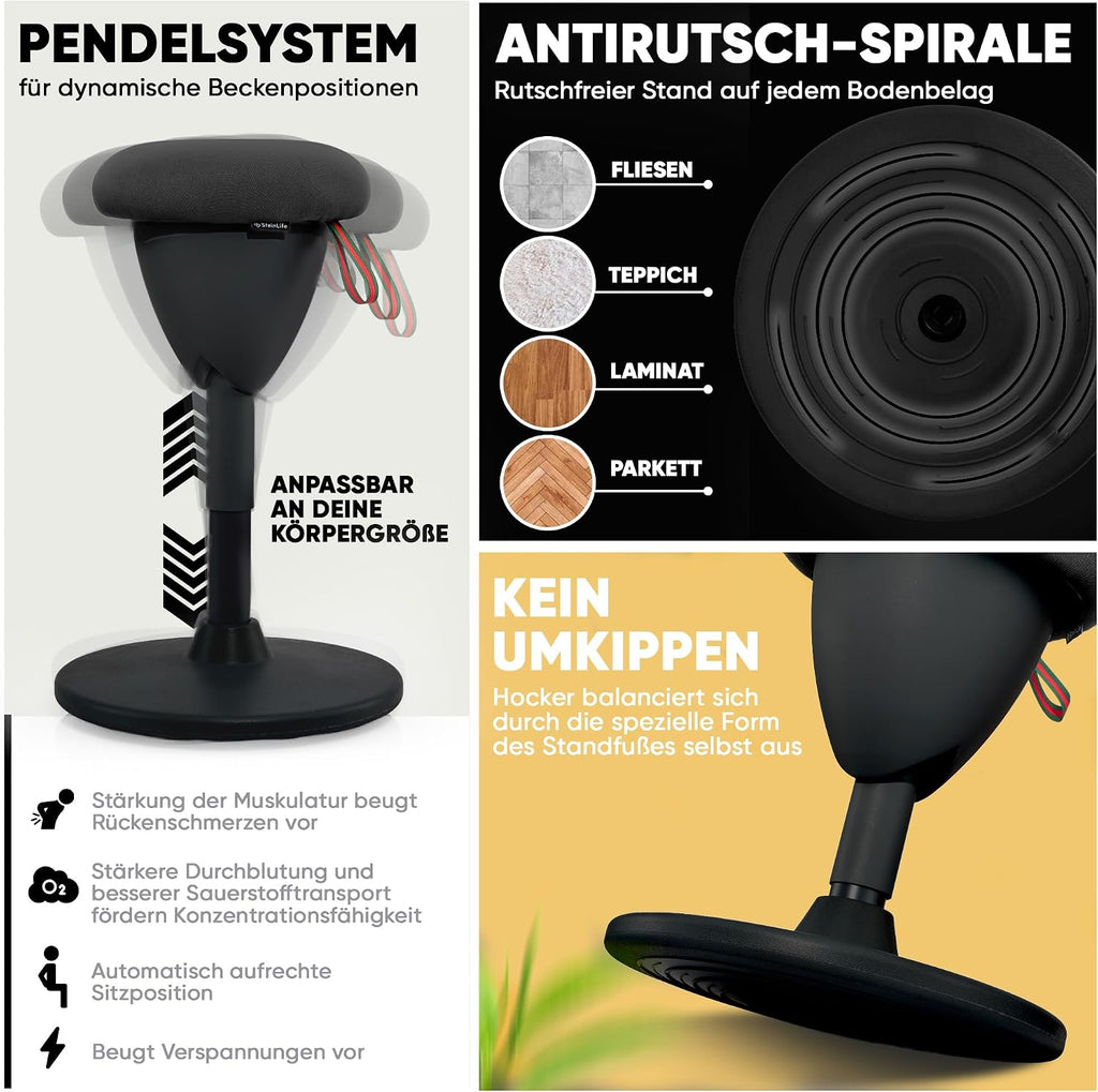 Taburete de oficina ergonómico [GANADOR DEL TEST] Taburete de pie regulable en altura [58-83 cm] Taburete ergonómico para oficina [efecto oscilante] Taburete oscilante Taburete de asiento | Taburete de trabajo antideslizante redondo