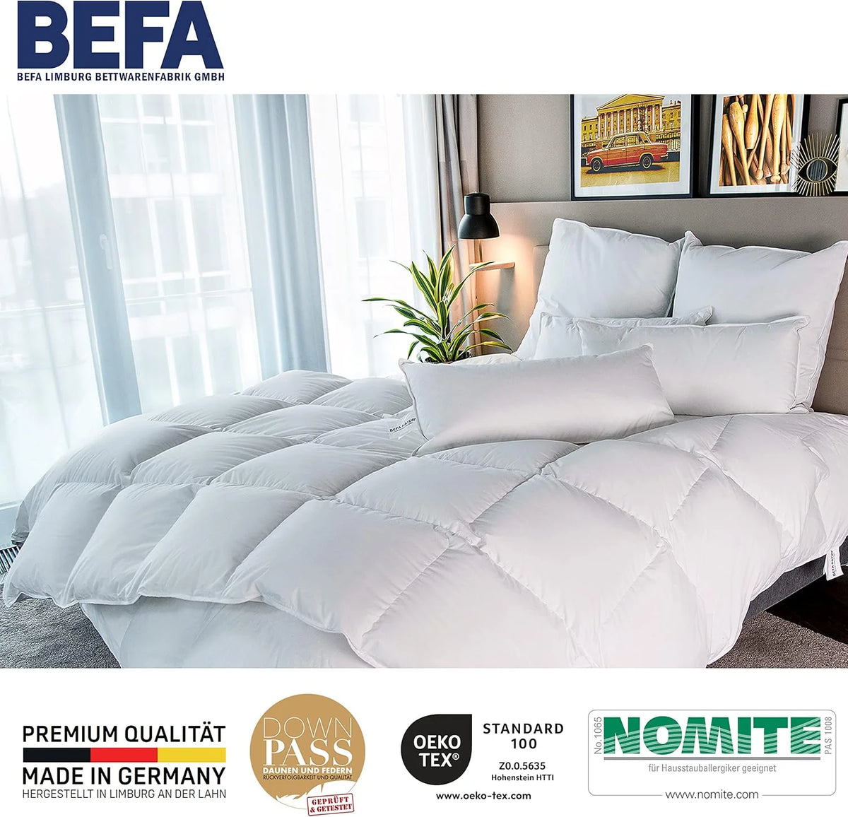 Made in Germany BEFA naturalna kołdra 135 x 200 cm, wykonana z 90% puchu i 10% pierza, kołdra zimowa, nadaje się dla alergików (nomite), certyfikat Öko-Tex 100 klasa 1, certyfikat Downpass