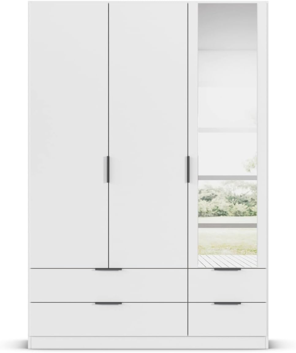 Rauch Möbel Lagoa, armario, ropero para dormitorio, habitación infantil, habitación juvenil de 3 puertas con espejo, 4 cajones, con accesorios Basic, color blanco, ancho 136 cm