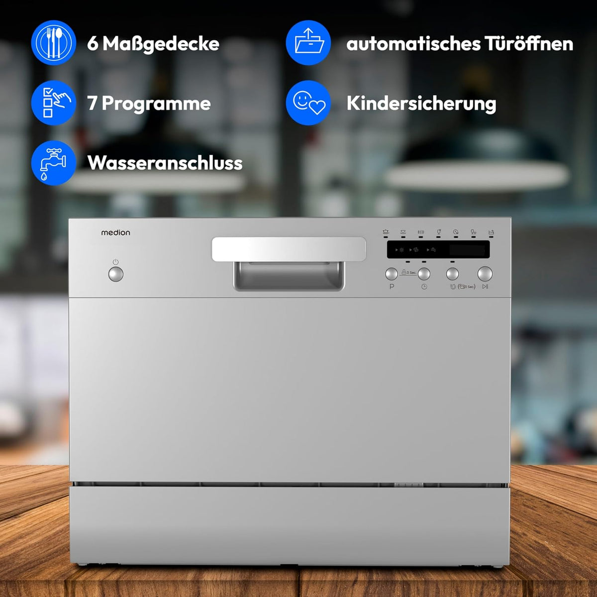 Lavavajillas de sobremesa MEDION DWT60 (capacidad para 6 cubiertos, 7 programas, programa ECO, aprox. 6,5 litros de consumo, AquaStop, pantalla LED, seguro para niños, MD37496) plateado