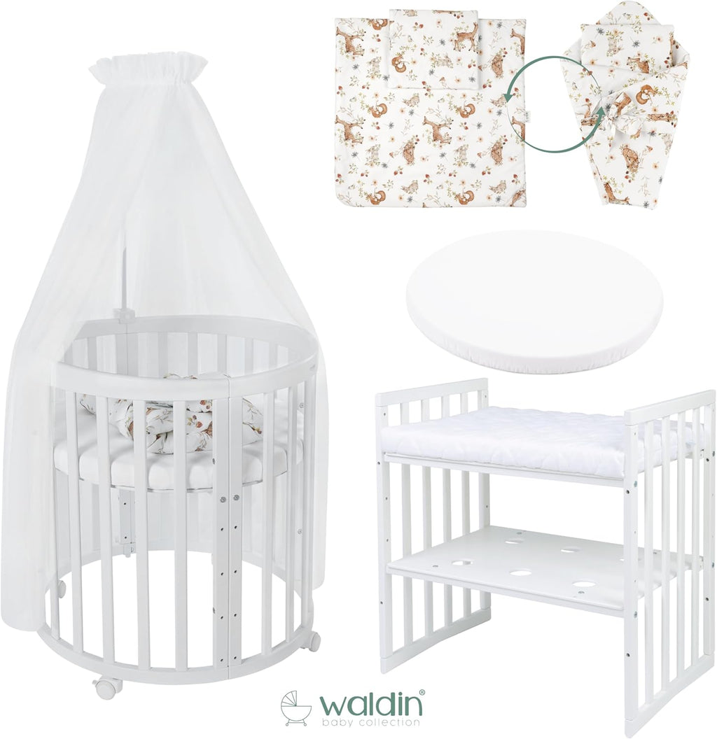 Cuna ovalada evolutiva Waldin, set completo 7 en 1, cuna de barrotes, cama infantil con colchón, cambiador, cuna colecho, madera blanca