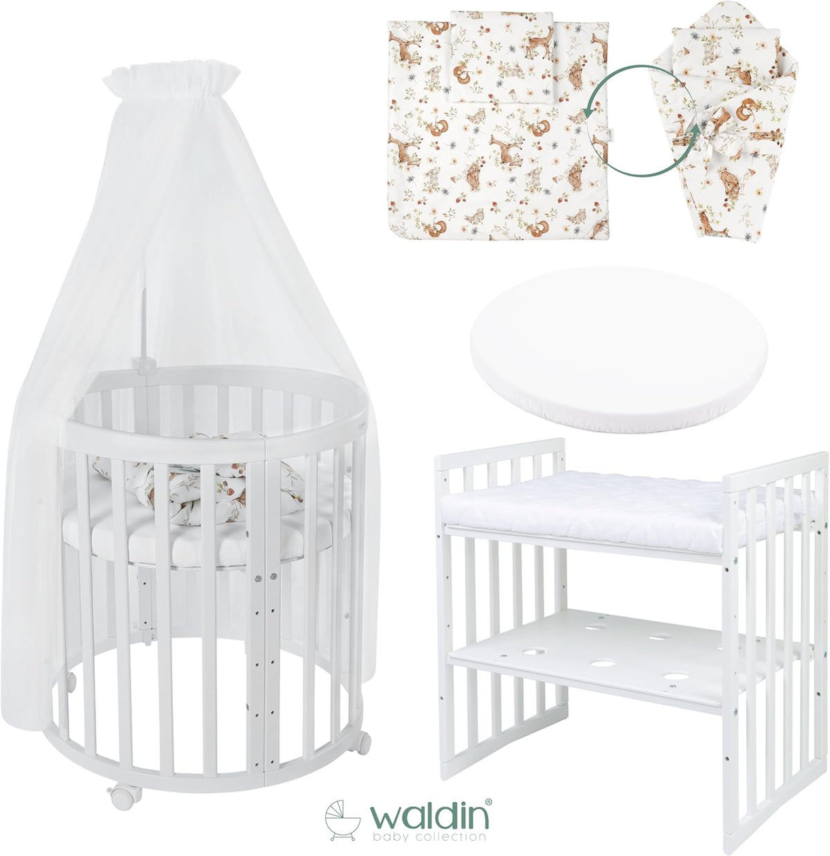 Cuna ovalada evolutiva Waldin, set completo 7 en 1, cuna de barrotes, cama infantil con colchón, cambiador, cuna colecho, madera blanca