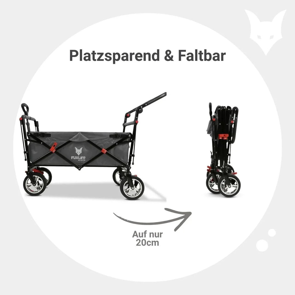Carrito de mano plegable y compacto Fuxtec FX-CT700 gris, con frenos, asiento acolchado, mango ajustable en altura, para excursiones
