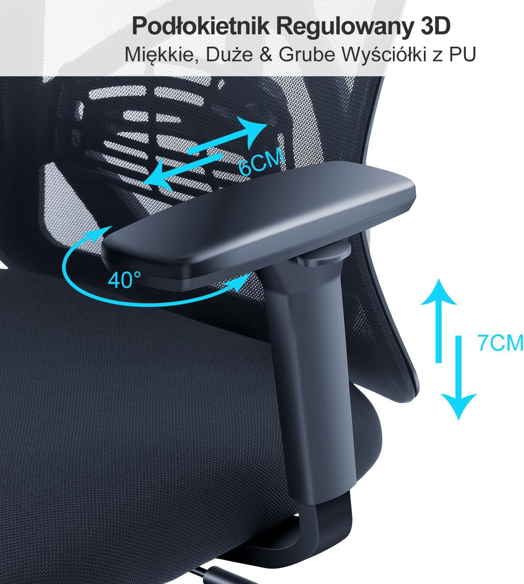 Ergonomiczne krzesło biurowe Ticova - krzesło biurowe z wysokim oparciem i regulowanym podparciem odcinka lędźwiowego, zagłówkiem i podłokietnikiem 3D