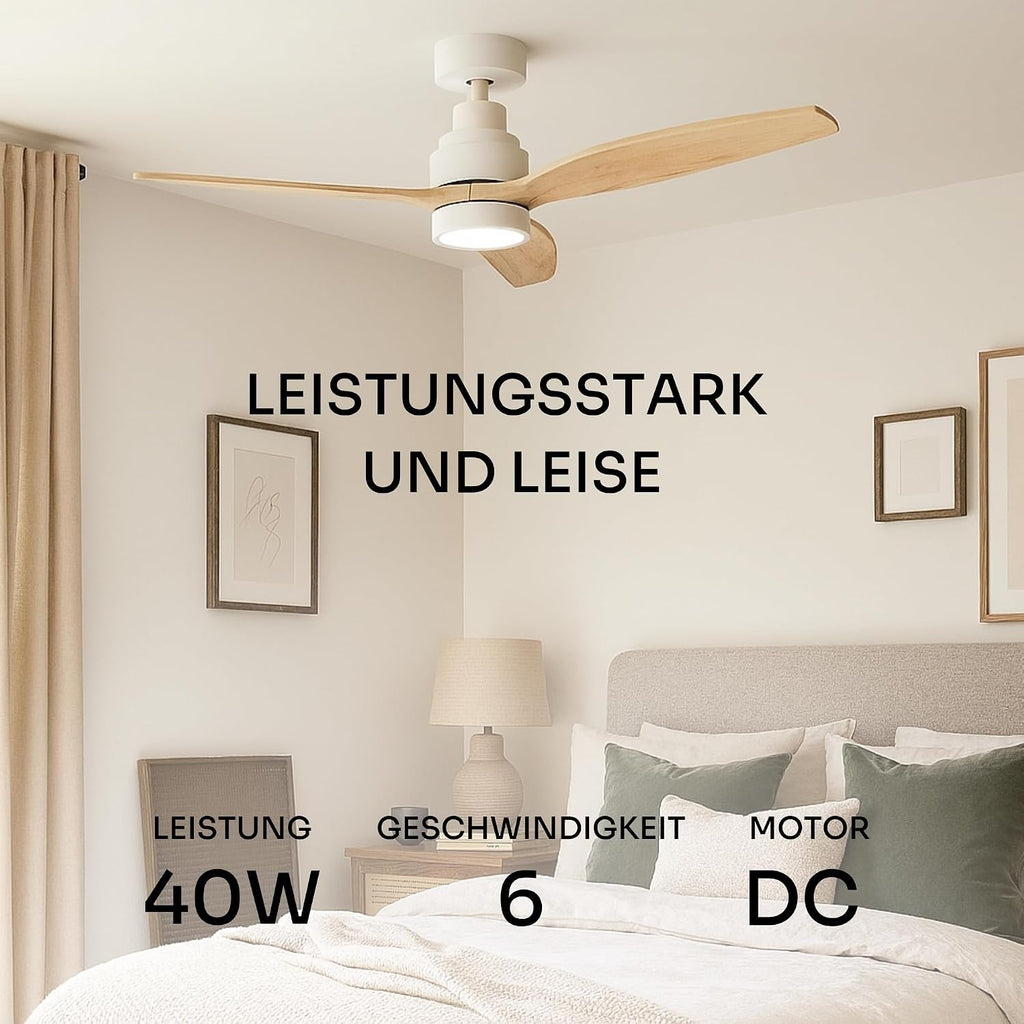 Mellerware - Ventilador de techo con mando a distancia Brizy Bright | 45 W | 6 velocidades | Ultrasilencioso | 3 aspas 132 cm de diámetro | Función verano-invierno | Temporizador | LED | Madera clara