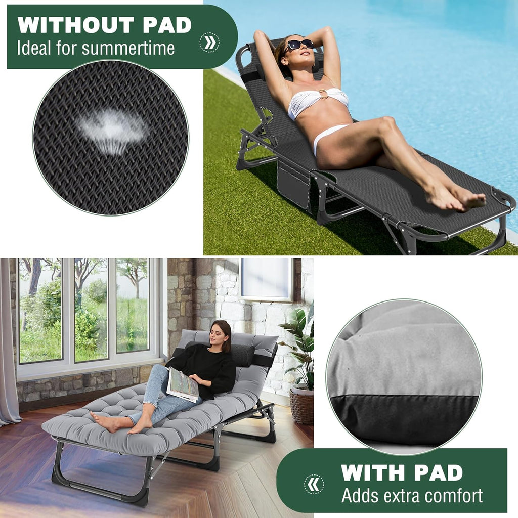 Set de 2 tumbonas plegables con colchón, capacidad de carga de 200 kg, tumbona de jardín con bolsillo lateral y reposacabezas, respaldo ajustable, tumbona de relax para balcón, jardín y playa