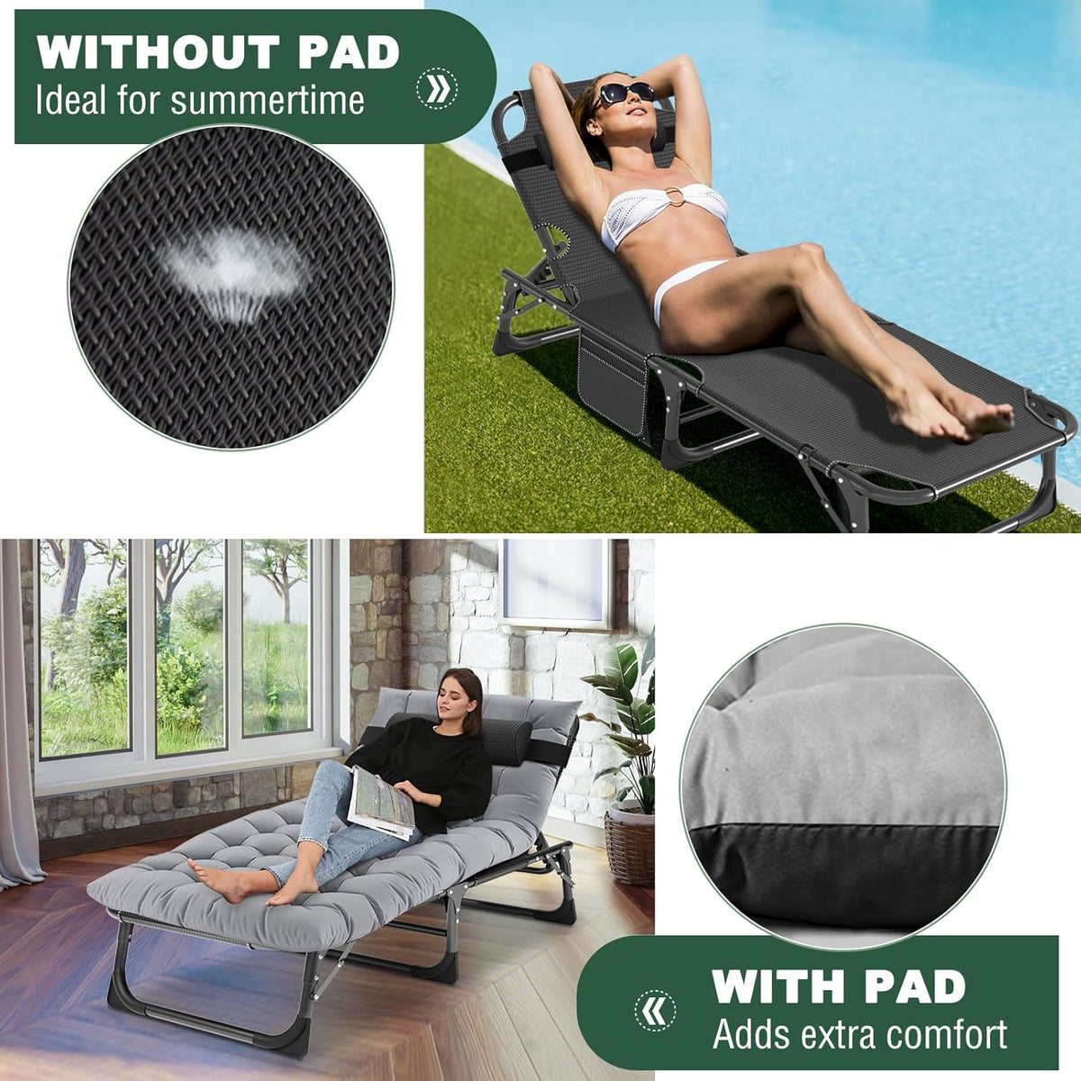Set de 2 tumbonas plegables con colchón, capacidad de carga de 200 kg, tumbona de jardín con bolsillo lateral y reposacabezas, respaldo ajustable, tumbona de relax para balcón, jardín y playa