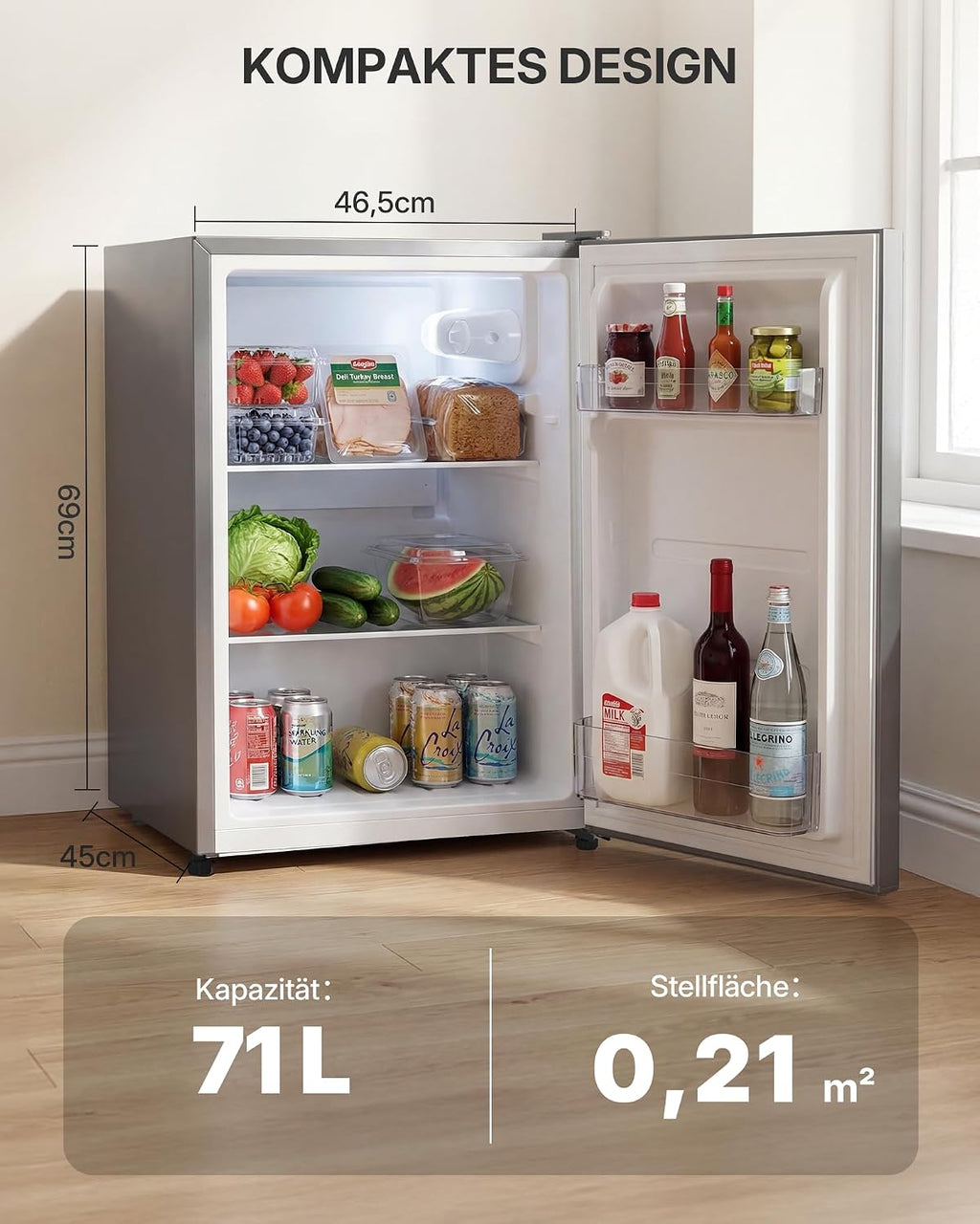 Refrigerador Upstreman 71L sin congelador, 1-10°C, control de temperatura de 7 niveles, iluminación LED, 40 dB silencioso, refrigerador de espacio completo de bajo consumo para dormitorio, oficina, cocina, CR71-Plata