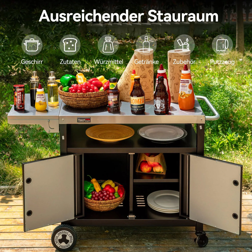 Carrito para barbacoa con mesa lateral plegable, armario inferior, superficie de trabajo de acero inoxidable, soporte para toallas, ruedas, plateado