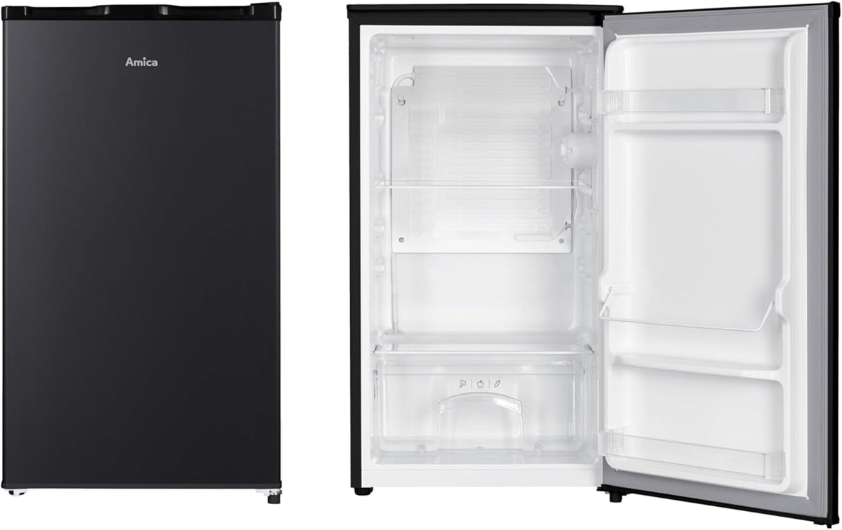 Frigorífico de una puerta Amica de libre instalación, 85x47,5x44,5 cm, 90 L, compresor inverter, iluminación LED, cajón para verduras, estantes en la puerta, AVK 3510 SW - Negro