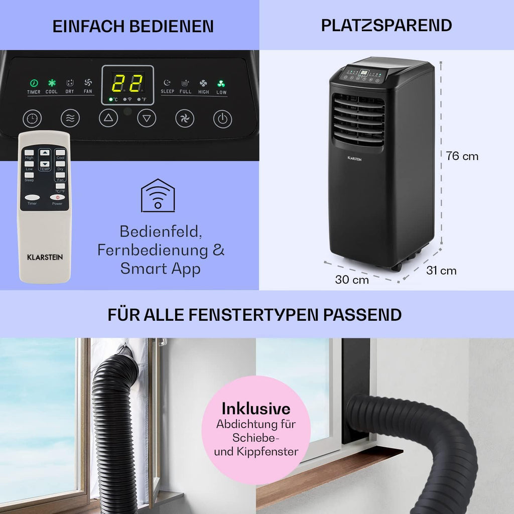 Aire acondicionado Klarstein, unidad de aire acondicionado 4 en 1, deshumidificador, ventilador y modo noche, aire acondicionado portátil con manguera de escape, control por aplicación, aire acondicionado para habitaciones de hasta 44 m², 9000 BTU, blanco
