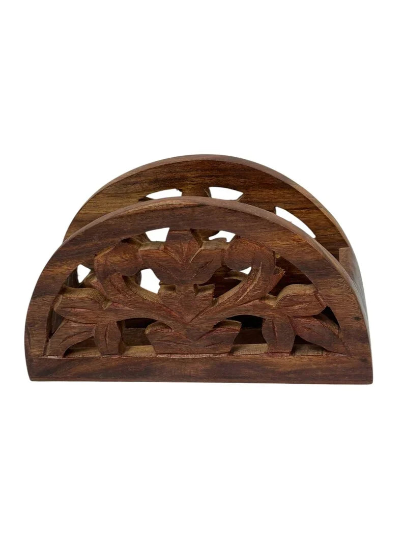 Servilletero de madera tallada, floral, rústico, 18x10 cm, madera maciza