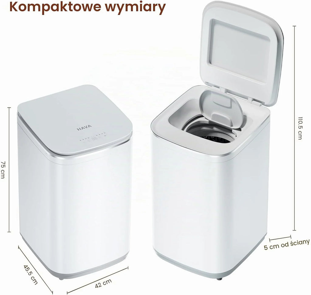 HAVA Mini pralka, pojemność 3 kg, mała pralka i wirówka, w pełni automatyczna, z 8 programami, funkcja prania na gorąco i pompa odpływowa, oszczędność miejsca w mieszkaniu, mieszkaniu i kamperze