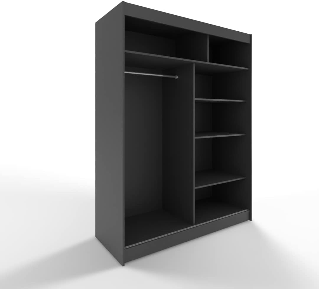 Armario corredero ML Furniture de 150 cm con espejo, armario para dormitorio, armario multiusos para salón - 150 x 200 x 58 cm; color: blanco, armario de puertas correderas