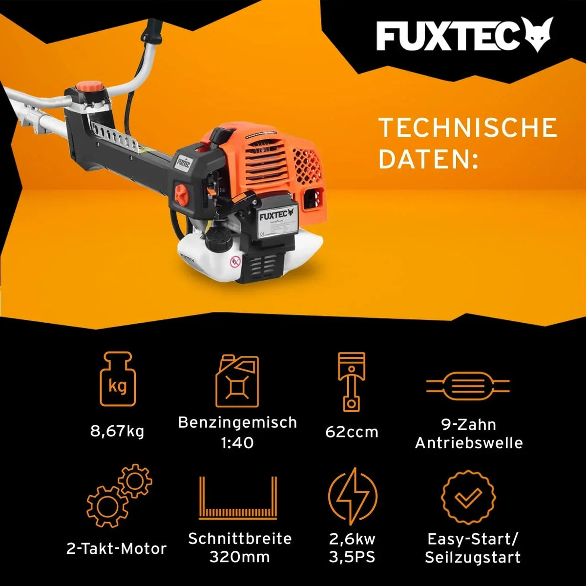 Desbrozadora de gasolina profesional Fuxtec FXPS162, 62 cc, 2 tiempos, con hilo, arnés de transporte confort y sistema antivibración