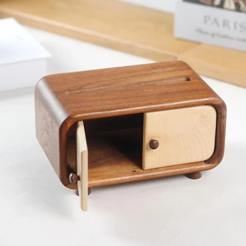 Mini caja de pañuelos de madera con diseño de armario, nogal, compacta
