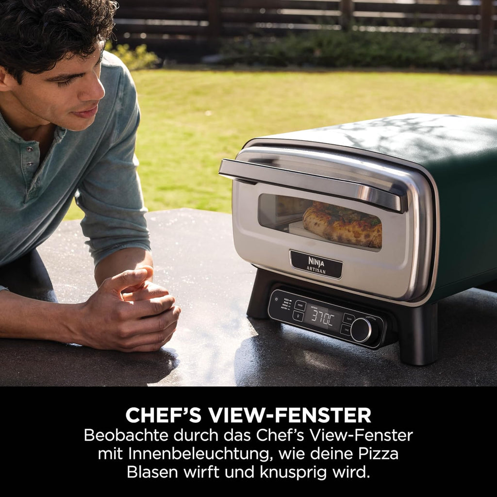 Horno de pizza para exteriores y freidora de aire Ninja Artisan, 4 funciones, tabla de servir, cortador de pizza, piedra para pizza de 30 cm, pala para pizza, bandeja para hornear y cesta para freidora de aire, verde MO201AMZEU