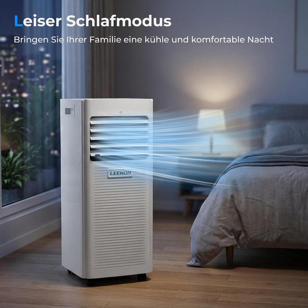 Aire acondicionado portátil 9000 BTU, LEENON 4 en 1, deshumidificador, ventilador y modo sueño, aire acondicionado móvil con tubo de escape, mando a distancia/temporizador 24h, aire acondicionado portátil para habitaciones de hasta 30 m²