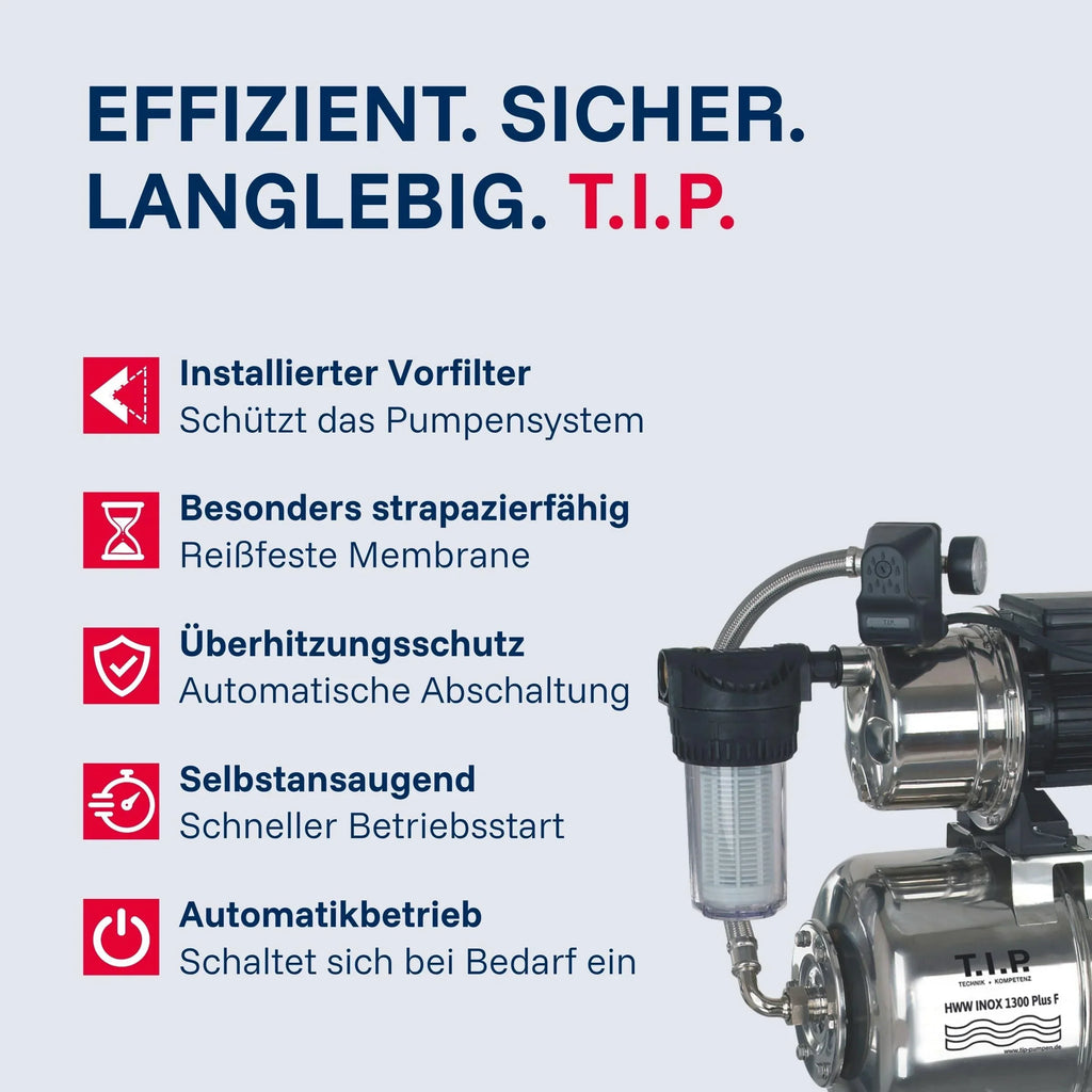 Sistema de agua doméstica T.I.P. HWW INOX 1300 Plus F, 1200 W, bomba Jet, 4350 l/h, altura de elevación 50 m, depósito a presión, prefiltro, libre de mantenimiento