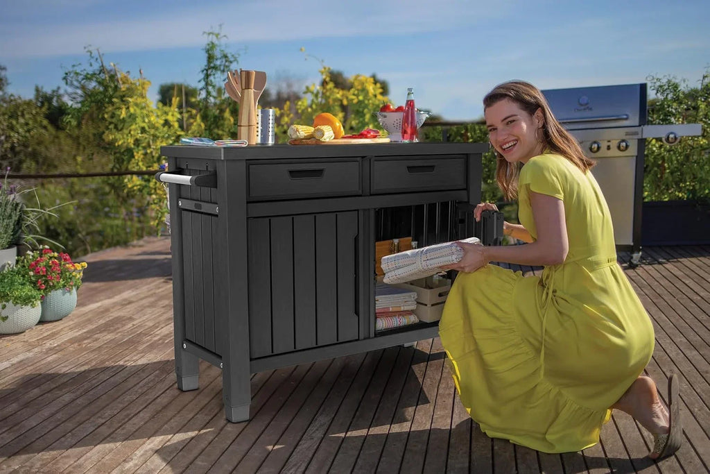 Mesa auxiliar para parrilla de exterior 22634 con 2 cajones, aspecto de madera, resina sintética, espacio de almacenamiento, 124 cm, para jardín y zona de barbacoa