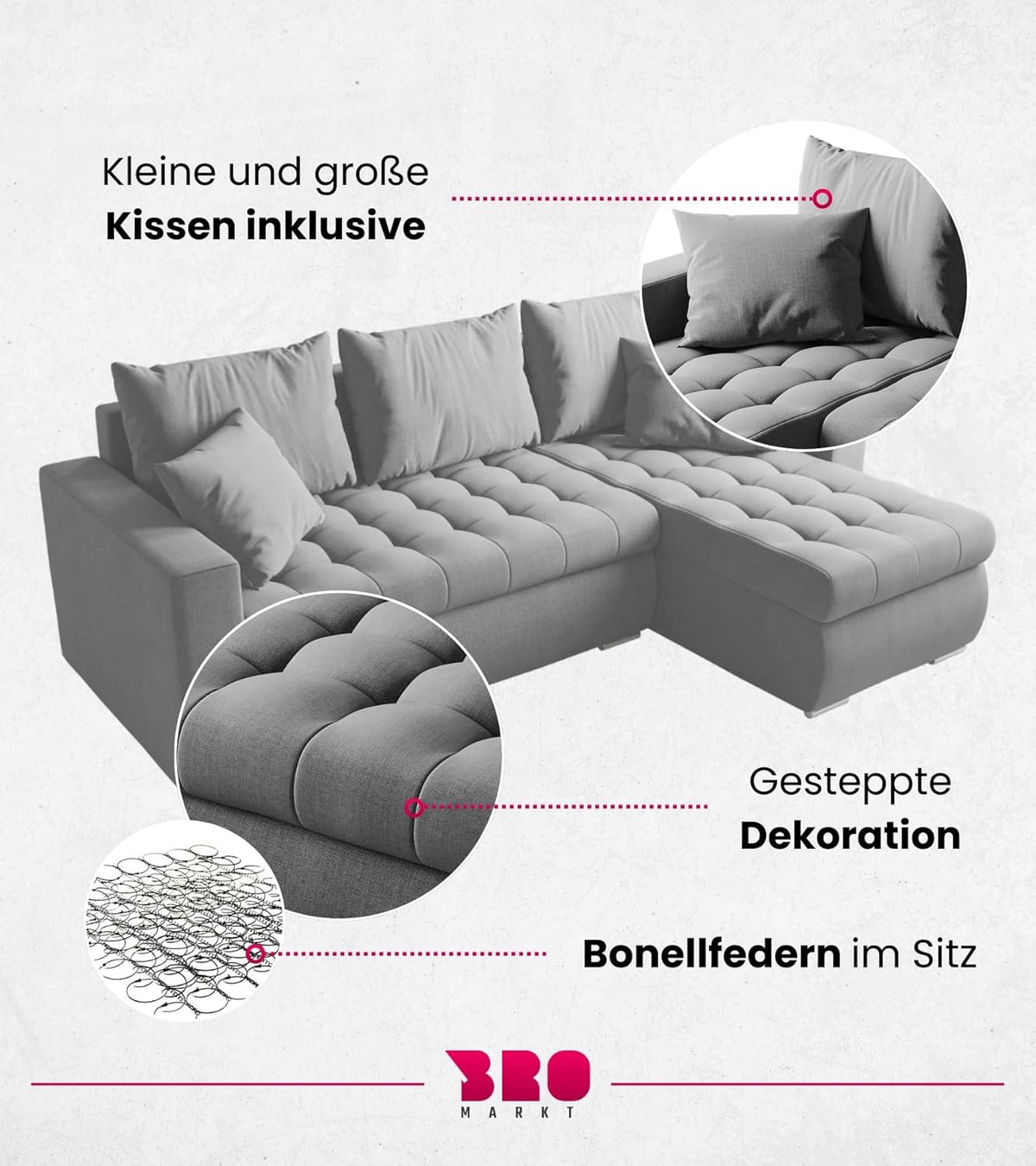 Sofá cama esquinero en forma de L BROMARKT, sofá cama con arcón, mueble de salón LUIS, sofá de 3 plazas con espacio de almacenamiento, 238x150x72 gris claro