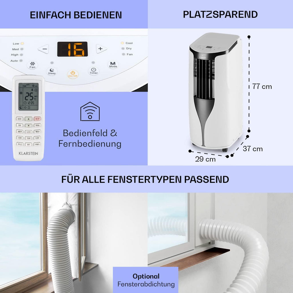 Aire acondicionado portátil Klarstein con manguera de escape, unidad 3 en 1 con ventilador y deshumidificador, aire acondicionado pequeño y portátil para hogar y oficina, aire acondicionado de 10 000 BTU de bajo consumo