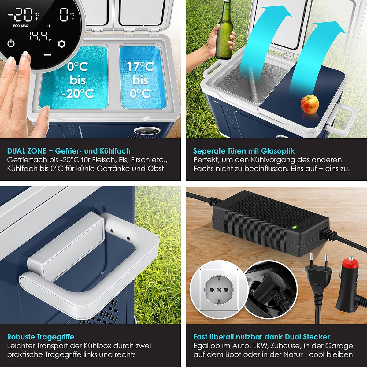 Nevera portátil con compresor KESSER 2 en 1 de doble zona, refrigeración y congelador eléctrico con 2 acumuladores de frío y panel táctil LED | Refrigerador con enfriamiento hasta -20 °C para camping, coche, camión 12/24V 230V