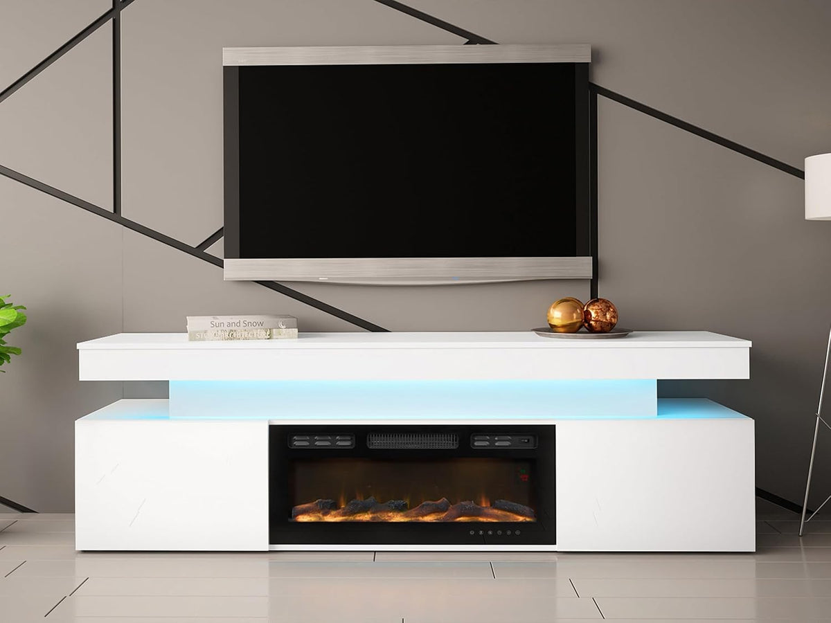 Mueble para TV Mirjan24 Serkuzo EF 2D con chimenea eléctrica, práctico mueble de televisión, soporte para TV con apertura sin tiradores, llama LED realista (blanco/blanco brillante)