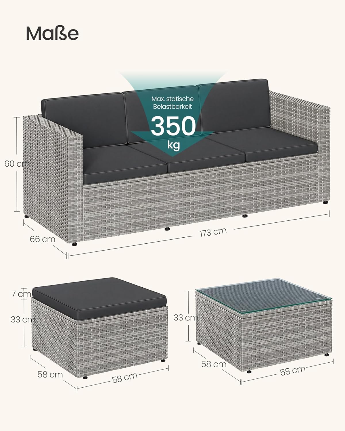Set de muebles de jardín SONGMICS, muebles de balcón de ratán sintético PE, muebles de terraza, sofá esquinero, exterior, ratán tejido a mano, conjunto lounge, con cojines y mesa de cristal, gris GGF005G05