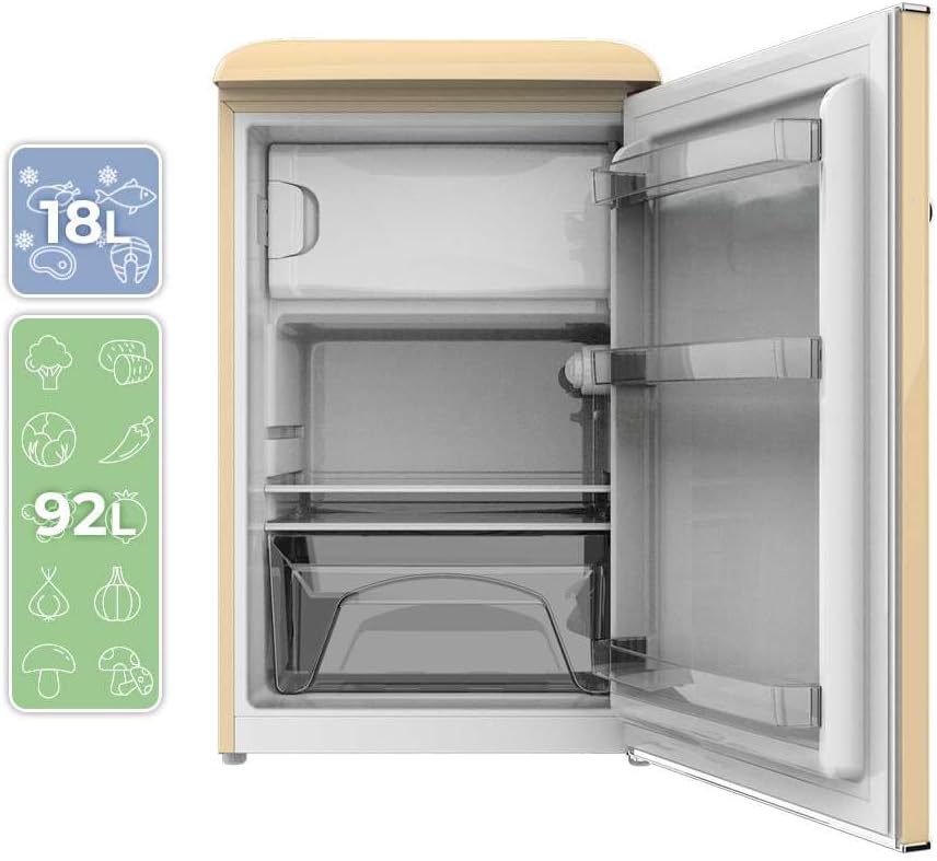 Mini frigorífico retro Cecotec Bolero CoolMarket TT Origin 110 Beige E. Mini frigorífico retro con capacidad de 110L, Clase E, compartimento congelador, luz LED interior, tirador cromado, bandejas de cristal.