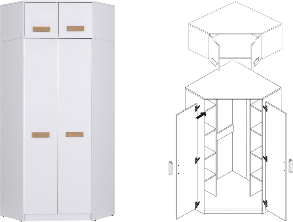 Marmex Grant G8+G15 - Armario esquinero 91x235x91 cm, estantería - armario esquinero con barras para ropa y estantes para habitación juvenil, dormitorio - armario rinconero - blanco + roble Riviera