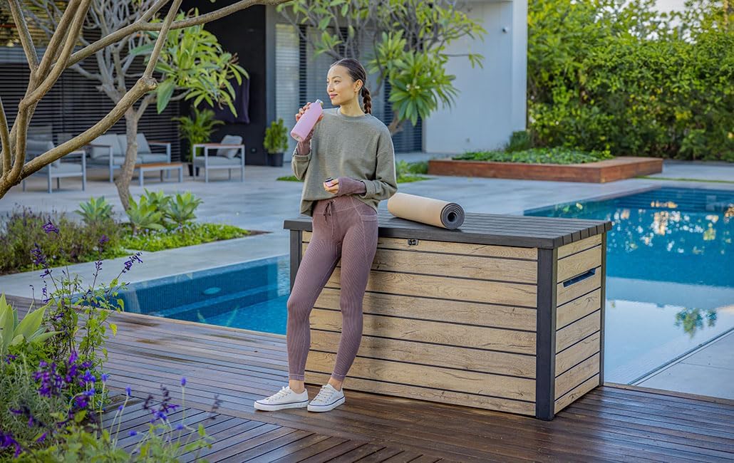 Baúl de almacenamiento Keter Ontario 870 litros | 100 % impermeable con ventilación para evitar malos olores y moho | Diseño moderno efecto madera | Tapa con pistones de gas