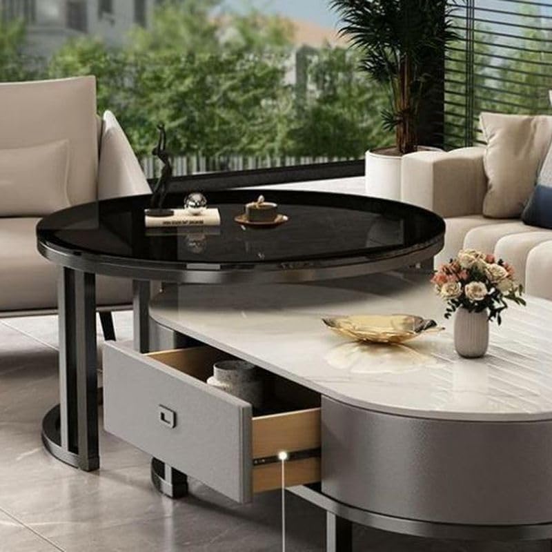 Mesa de centro ovalada de piedra, juego de 2, mesa de salón con cajón, mesa auxiliar de cristal, negro/gris – Gris, (99,9 cm L x 49,9 cm An x 40,6 cm Al) + (69,9 cm L x 69,9 cm An x 45,7 cm Al)