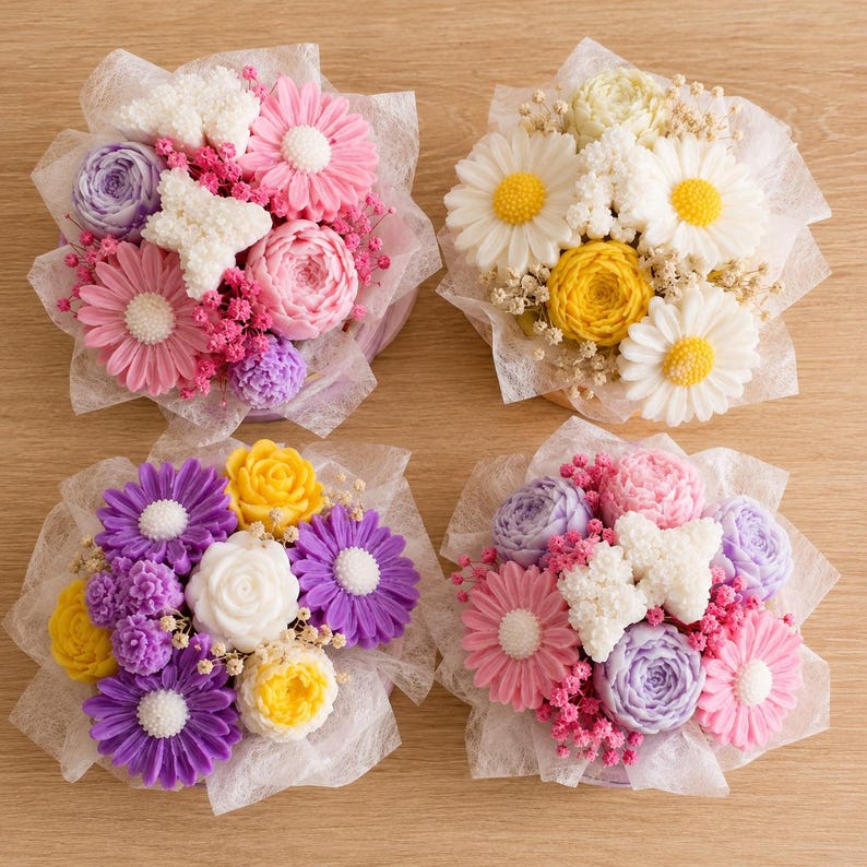 Ramo de flores de cera de soja perfumadas en maceta decorativa, hecho a mano, reutilizable