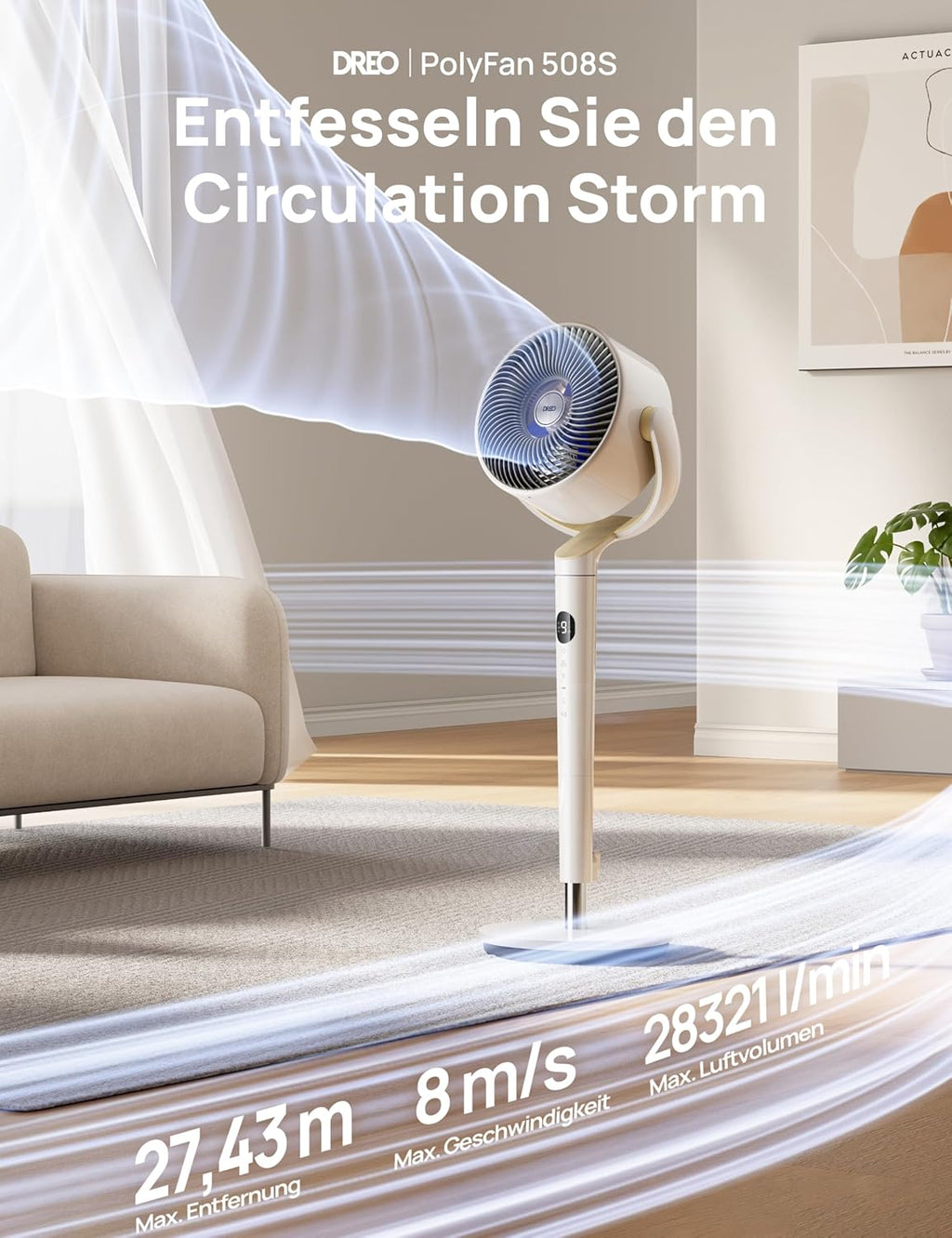 Ventilador de pie inteligente Dreo con luz RGB, oscilación de 120° + 120° con control remoto, ventilador de suelo silencioso de 20 dB para dormitorio, temporizador de 8 horas, plateado