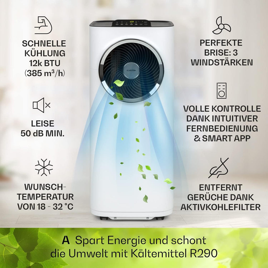 Acondicionador de aire portátil Klarstein con manguera de escape, unidad de climatización 5 en 1, ventilador, deshumidificador, purificador de aire y modo nocturno, control por aplicación, pequeño y portátil, para hogar y oficina, 12000 BTU
